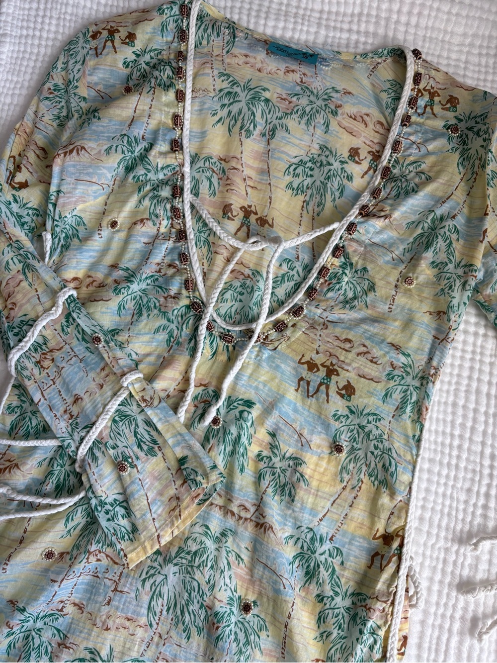 Letarte Palm-Print Sheer Swim Coverup Tunic in Green and Cream